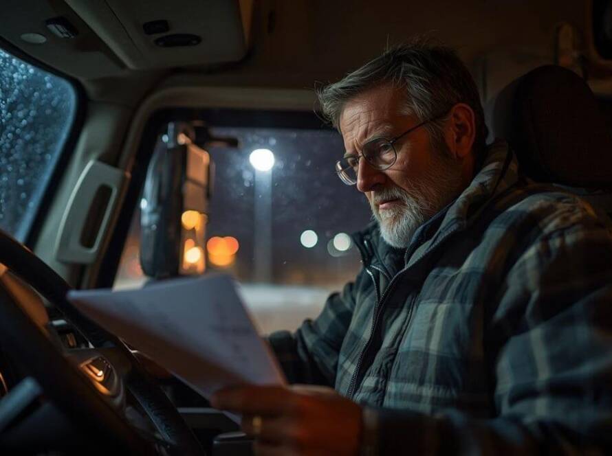 A commercial truck driver reviewing documents at a rest stop in Illinois during the holiday season, symbolizing CDL suspensions and year-end legal deadlines.