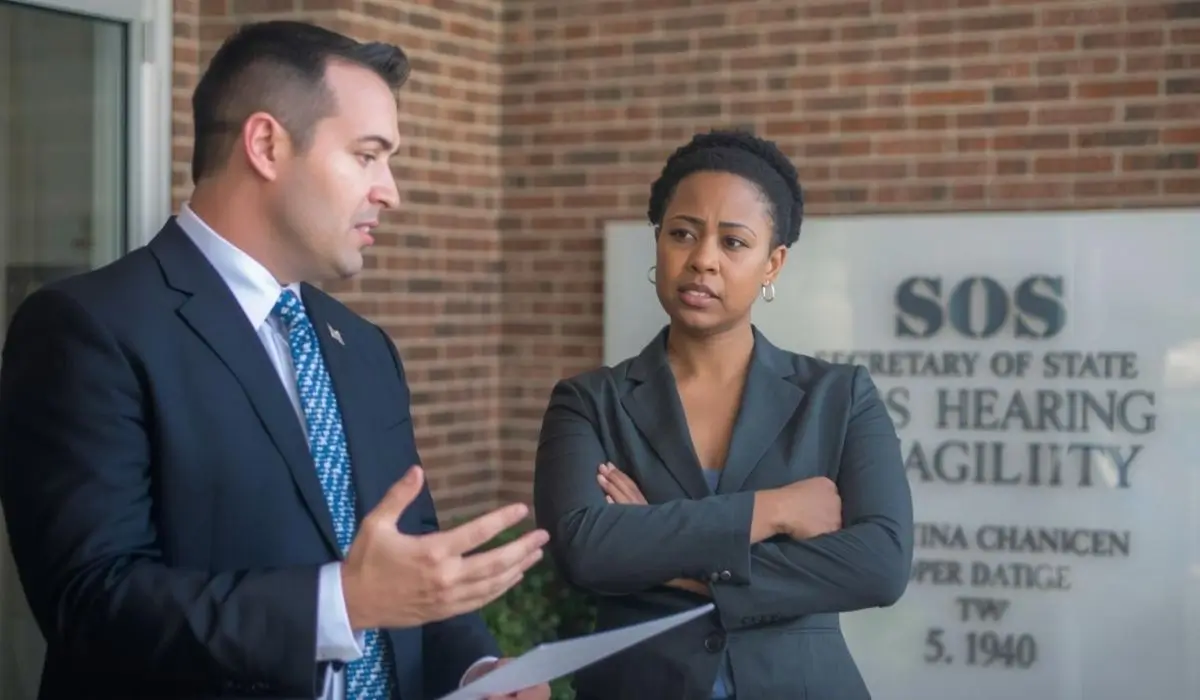 Two attorneys discussing documents outside a Secretary of State hearing facility in Naperville, representing real Naperville license reinstatement cases