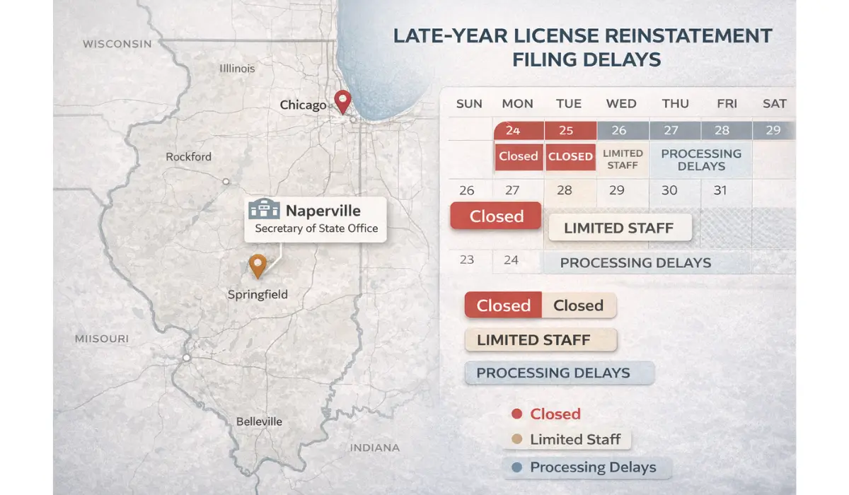 Map showing Illinois Secretary of State office closures and processing delays affecting End-of-Year Reinstatement license filings.