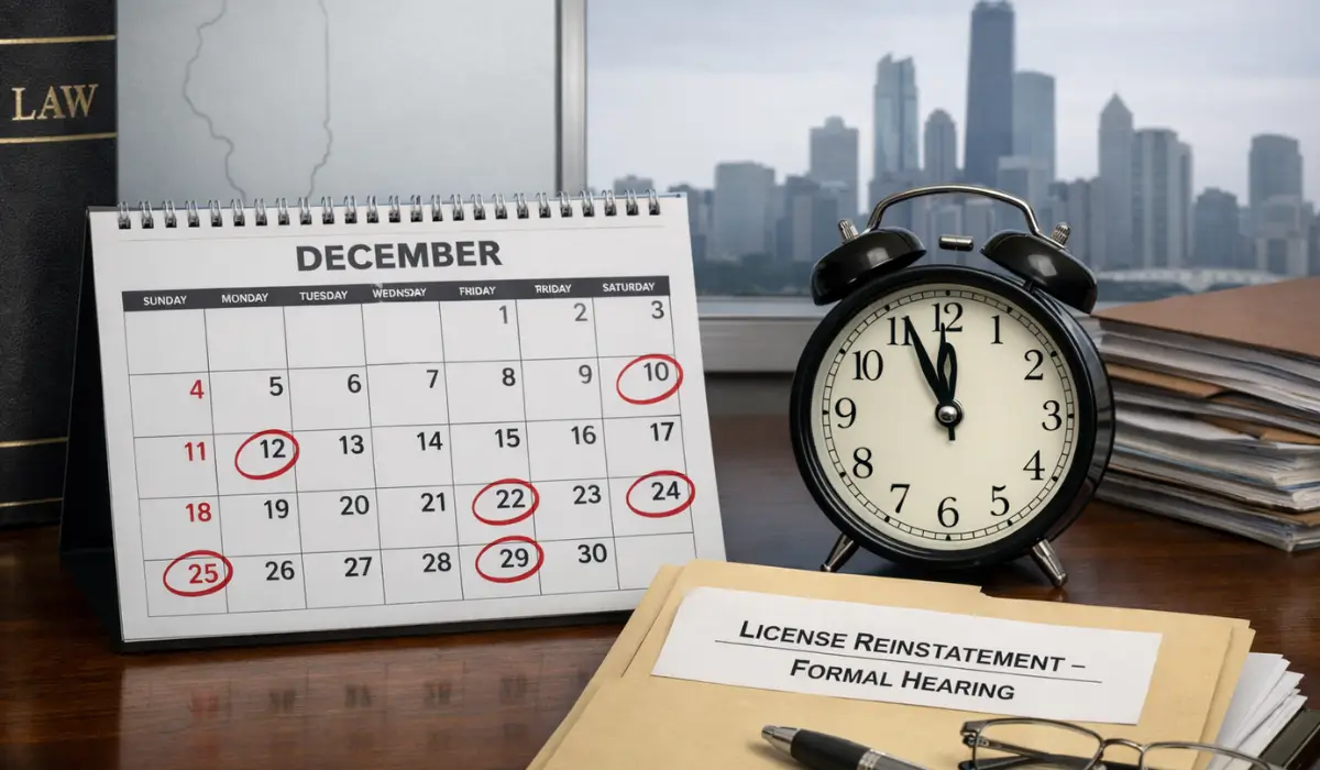 Calendar and clock showing December deadlines for End-of-Year Reinstatement in an Illinois license reinstatement formal hearing case.