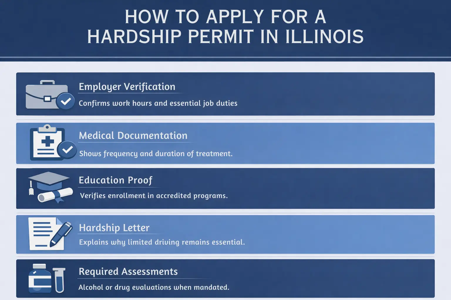 Checklist infographic outlining how to apply for a hardship permit in Illinois, including employer verification, medical documentation, education proof, a hardship letter, and required assessments.