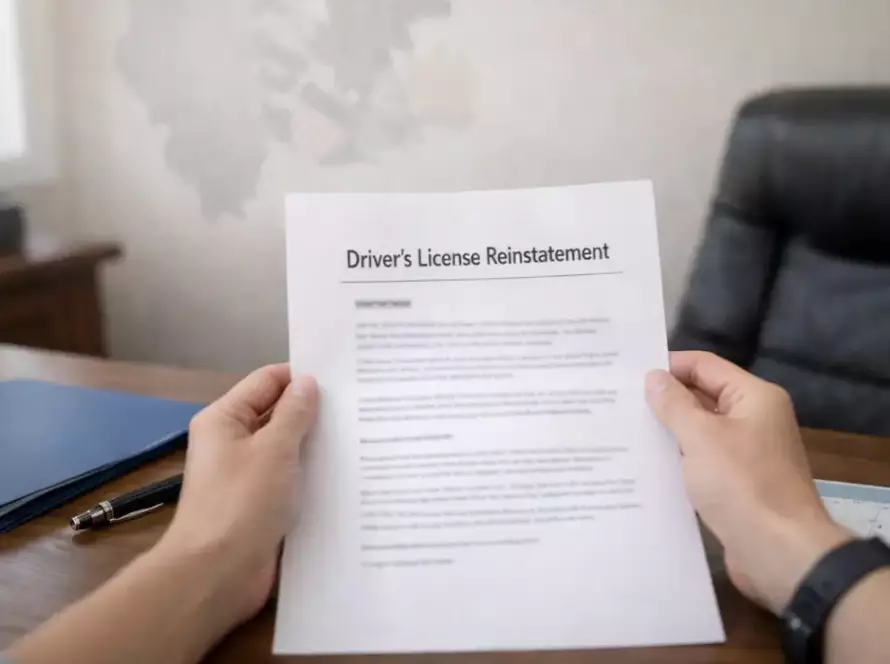 Person holding suspended license reinstatement paperwork in an Illinois legal office, with a calendar and blue folder on the desk.