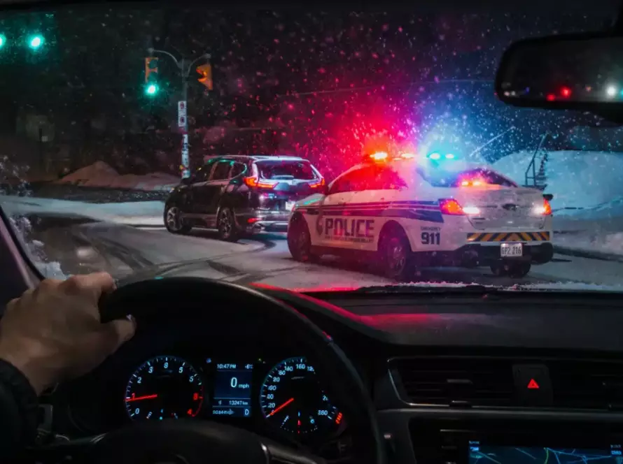 Driver perspective during an Illinois traffic stop at night, getting your license back risk highlighted by police lights ahead.