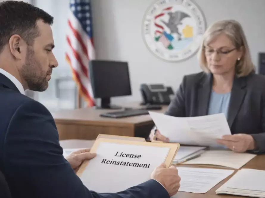 Applicant attending an Illinois Secretary of State Hearing for license reinstatement review with hearing officer
