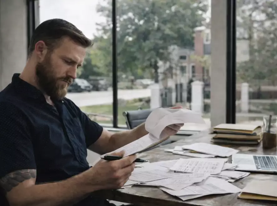 Man reviewing paperwork to decide on using a tax refund for license reinstatement and whether his case is ready to move forward