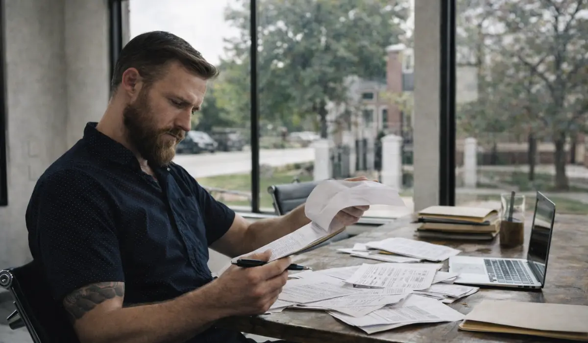 Man reviewing paperwork to decide on using a tax refund for license reinstatement and whether his case is ready to move forward