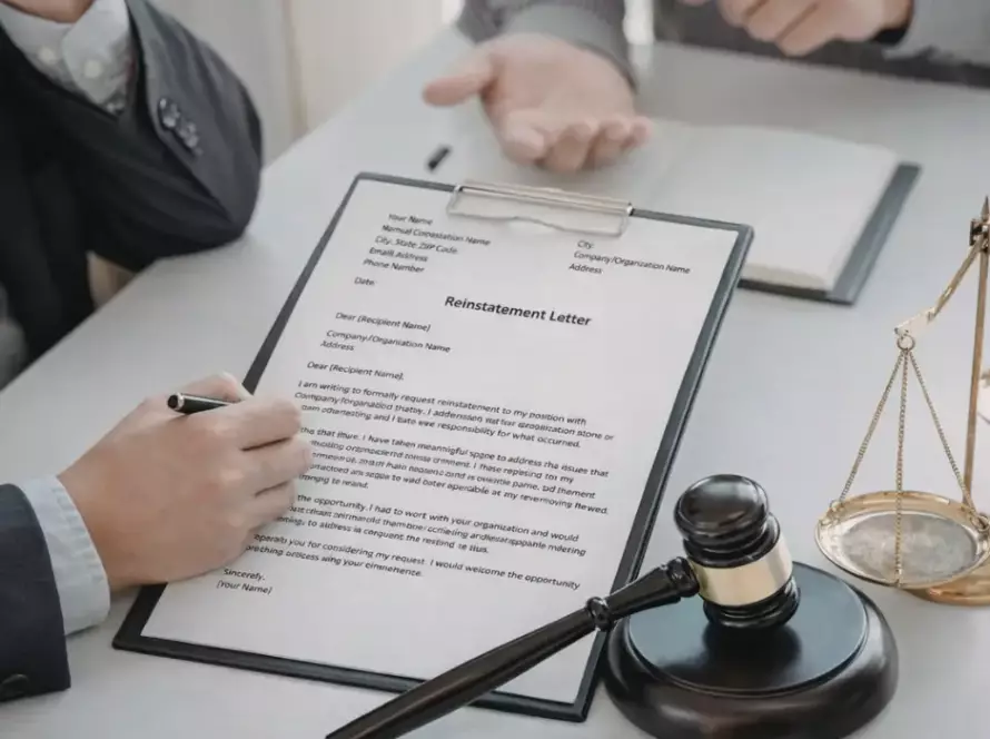 Writing and reviewing a License Reinstatement Letter for a DUI hearing in Illinois with legal documents and gavel.