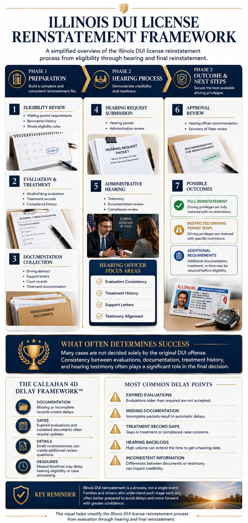 Visual guide showing how to Reinstate Your License after a DUI in Illinois, including eligibility review, alcohol evaluation, hearing preparation, Secretary of State hearing, and license reinstatement outcomes.