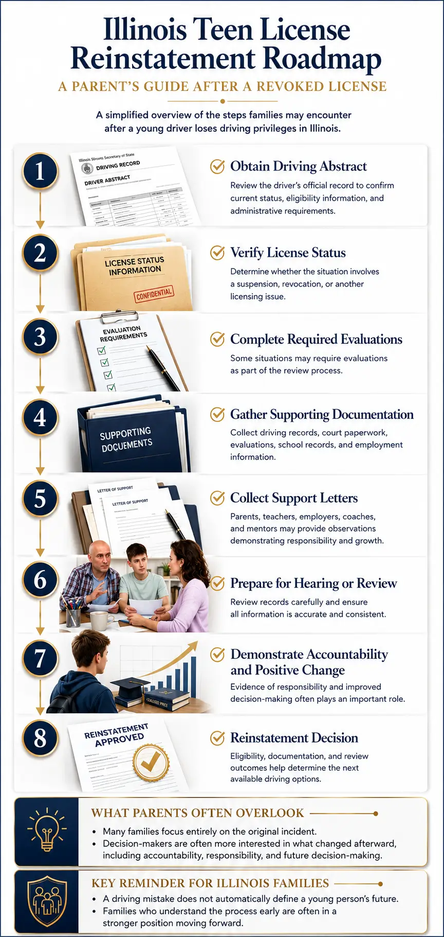 Infographic showing the Illinois teen license reinstatement process after a revoked license, including driving records, evaluations, support letters, hearing preparation, and reinstatement review.