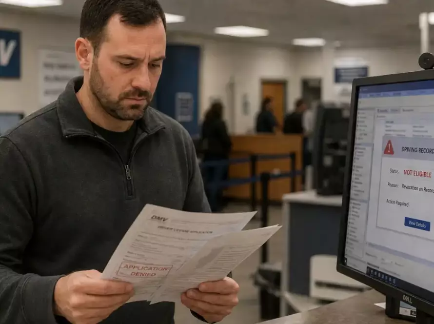 Driver reviewing a denied driver's license application at a DMV office due to unresolved Out-of-State Holds connected to an Illinois revocation record.