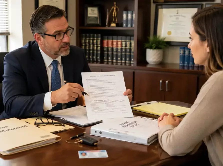 Attorney discussing revoked license reinstatement requirements and hearing preparation with a parent during a legal consultation in Illinois.