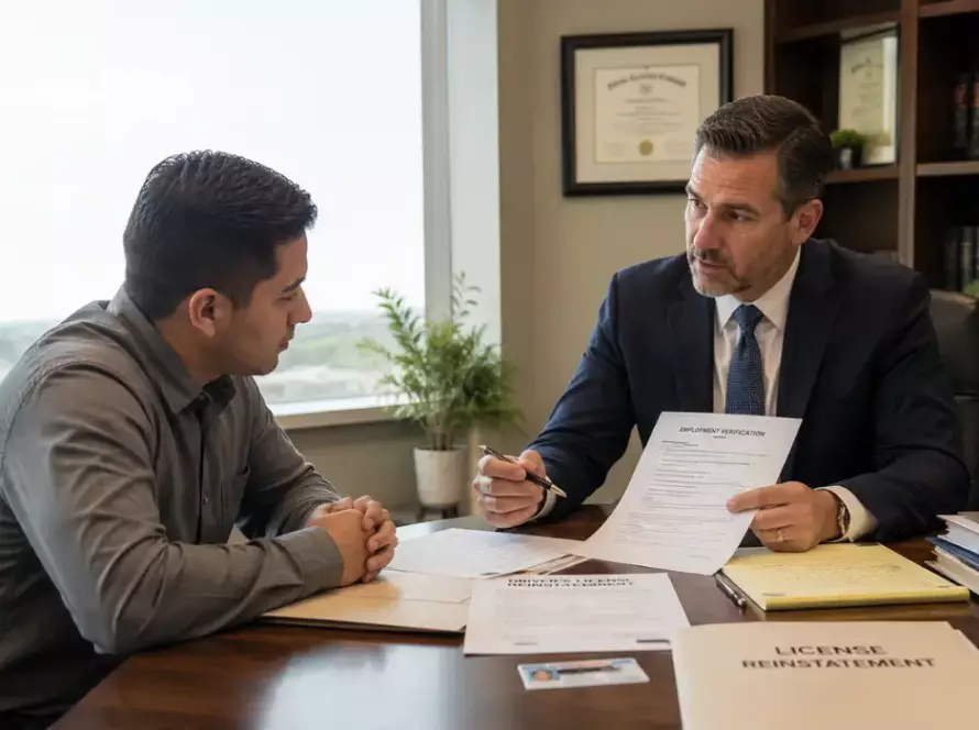 Attorney reviewing employment verification documents with a client seeking driving privileges after a Suspended License in Illinois.