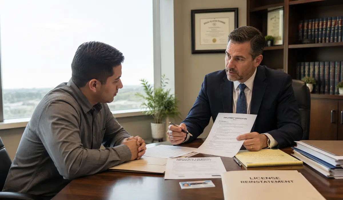Attorney reviewing employment verification documents with a client seeking driving privileges after a Suspended License in Illinois.