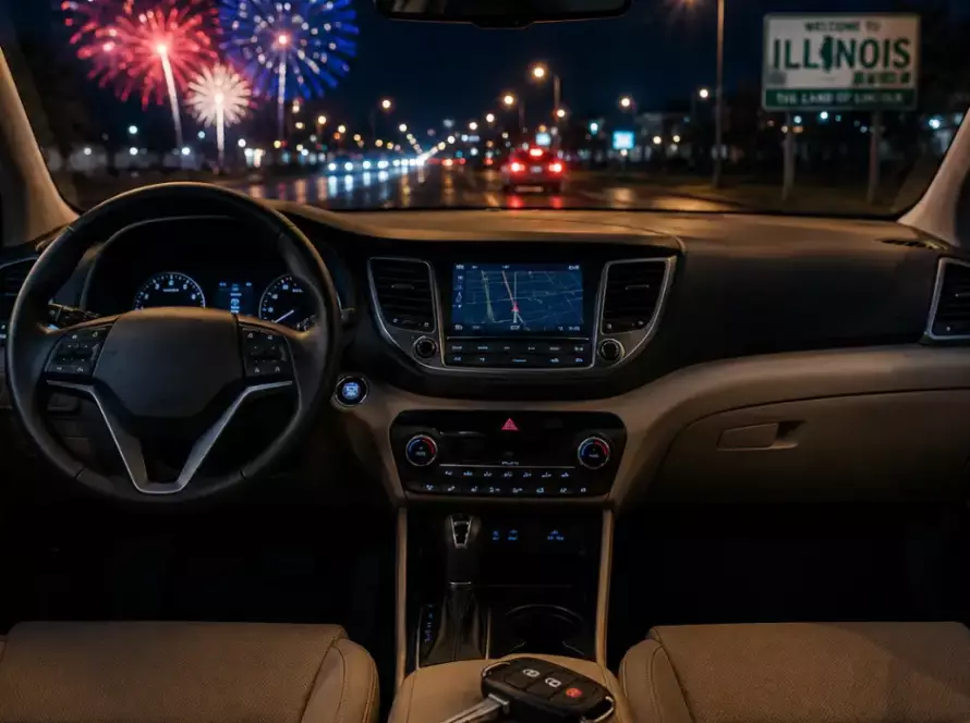 Modern vehicle interior with a key fob on the center console, blurred Fourth of July fireworks outside, and an Illinois road at night, illustrating the risks of driving with a suspended license during holiday travel.