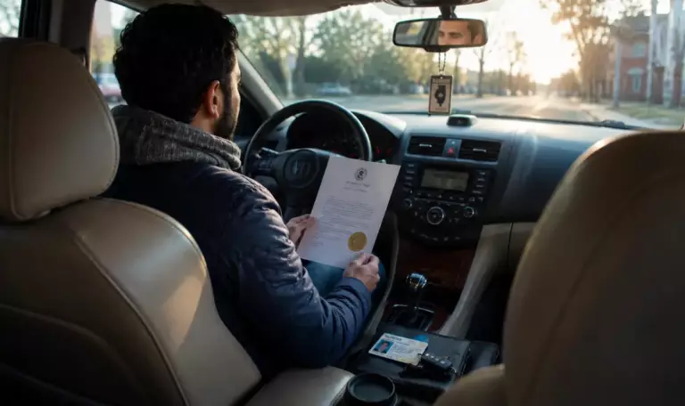 Secretary of State Hearing approval image showing an Illinois driver reviewing official reinstatement documents before legally returning to the road.