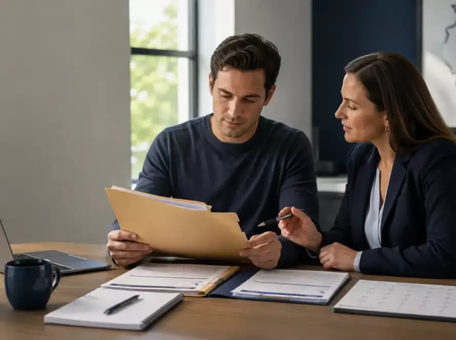 Driver and attorney reviewing documents together while preparing for an Illinois State Hearing for license reinstatement.