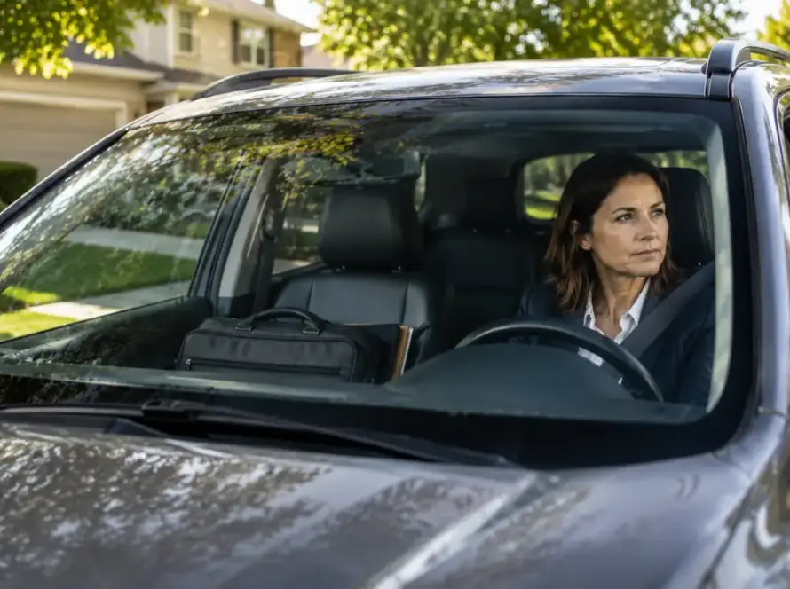 Illinois resident in a parked car with a work bag considering a Restricted Permit to Drive for essential transportation.