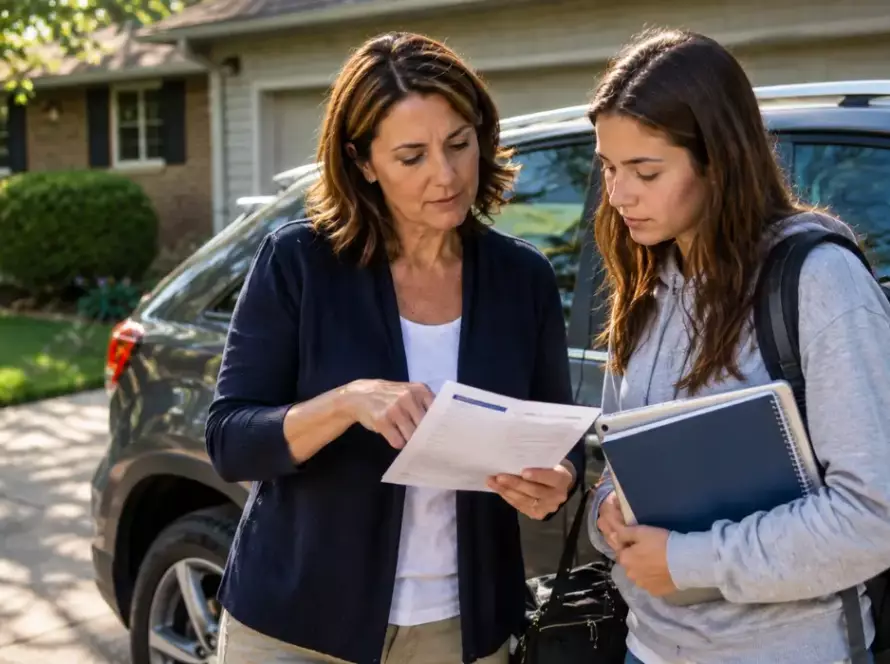 Parent reviews paperwork with a student beside a parked car while addressing a suspended license in Illinois before school.