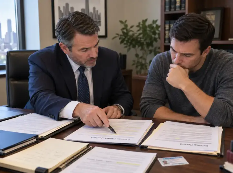 License reinstatement attorney reviewing driving records, DUI-related documents, and prior hearing records with a client.